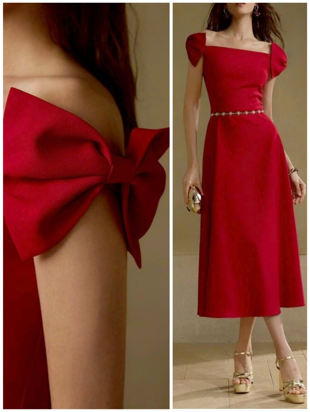 New Luxe Bow Shoulder Midi Dress A Line Red